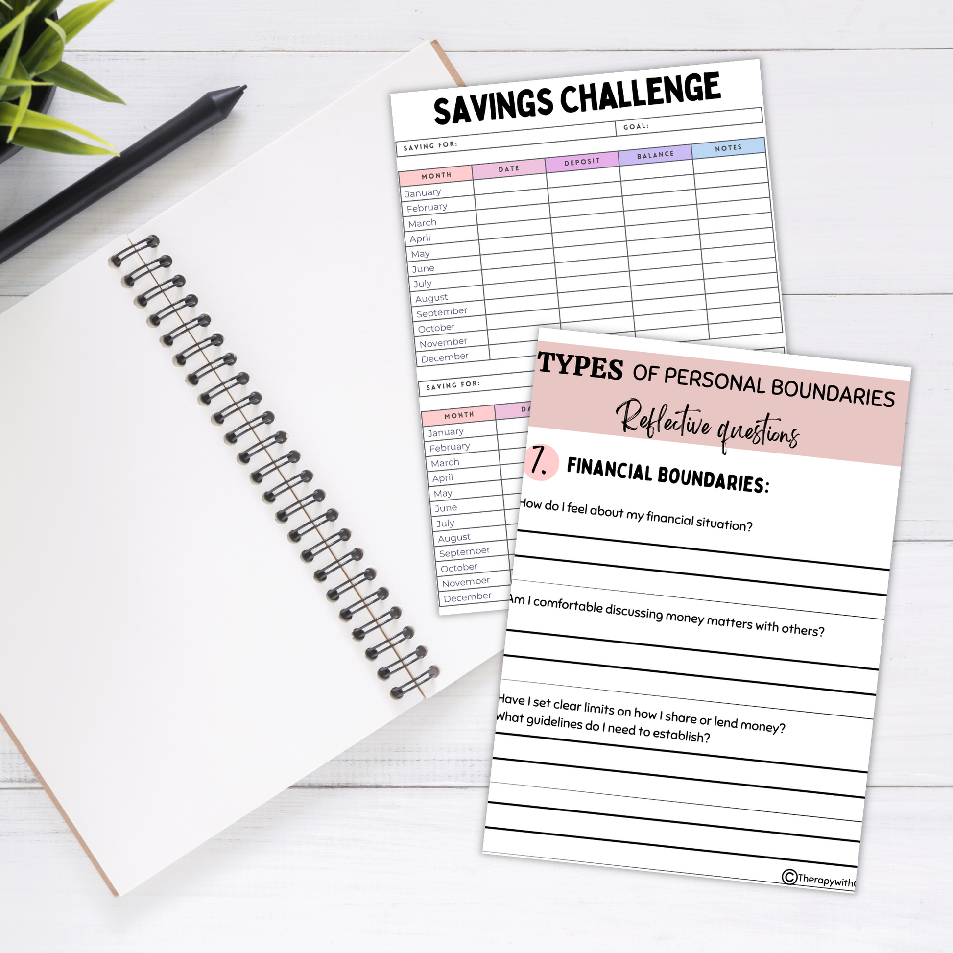 Two printed sheets relating to personal bounderasies on a white surface with a pen and plant in the background.