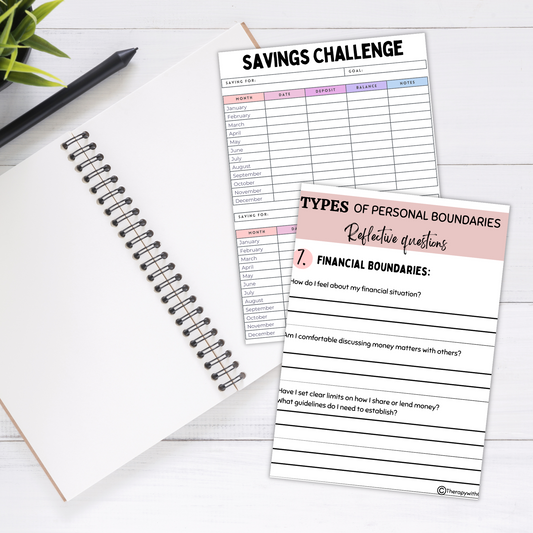 Two printed sheets relating to personal bounderasies on a white surface with a pen and plant in the background.