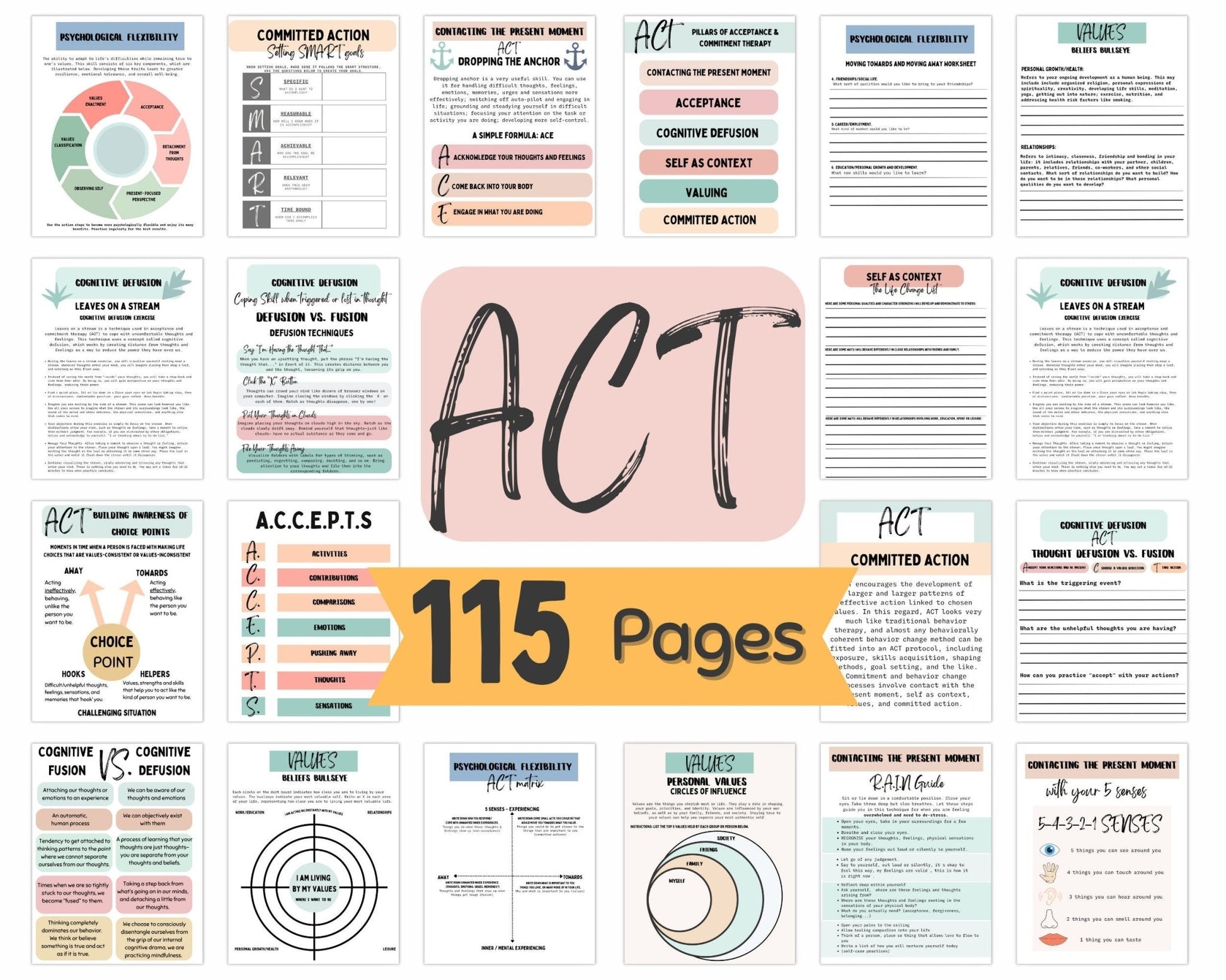 Core values and cognitive distortion flashcards in ACT therapy bundle