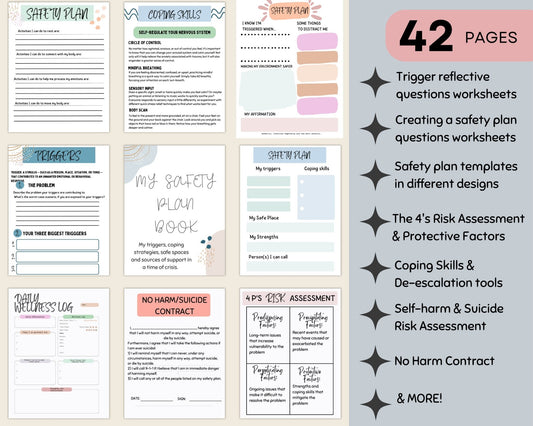 Close-up photo of a safety plan template page from the Crisis Safety Plan Toolkit, focusing on strategies for self-regulation during a crisis