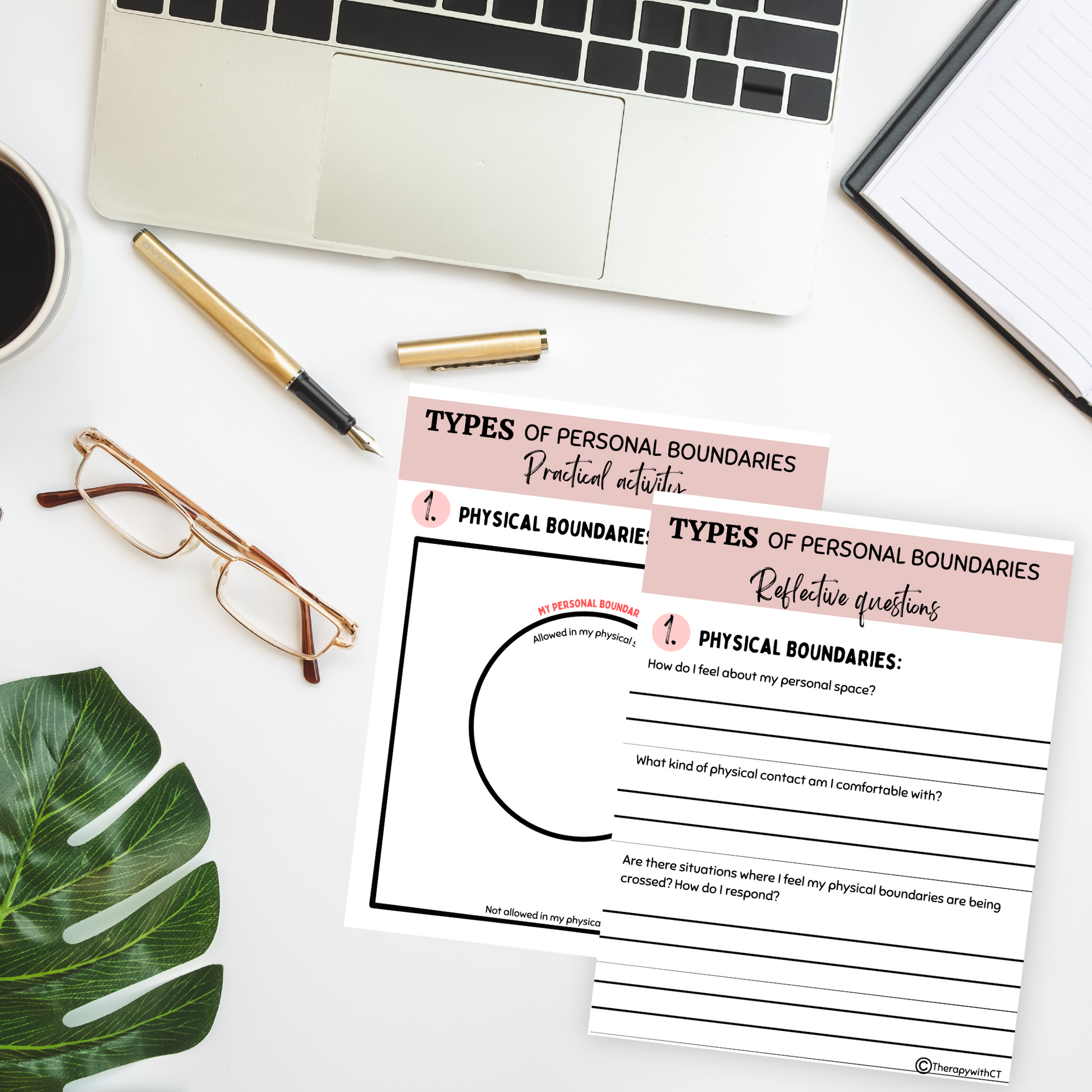 Personal boundaries Worksheet on a desk with a laptop, coffee, and glasses