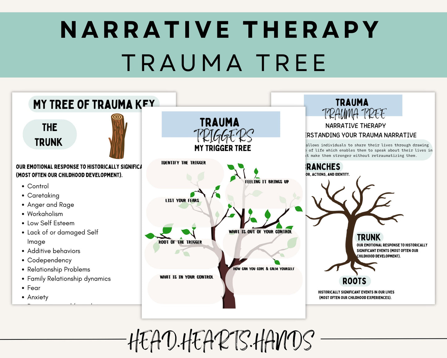 Detailed worksheet from the Narrative Therapy Toolkit displaying exercises on Cognitive Defusion, aimed at helping individuals separate from their traumatic experiences.