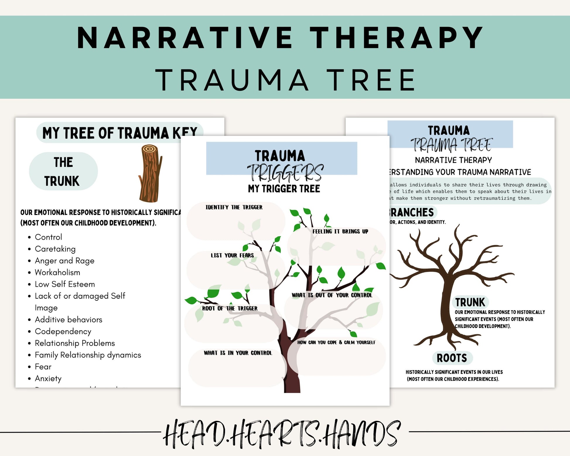 Detailed worksheet from the Narrative Therapy Toolkit displaying exercises on Cognitive Defusion, aimed at helping individuals separate from their traumatic experiences.