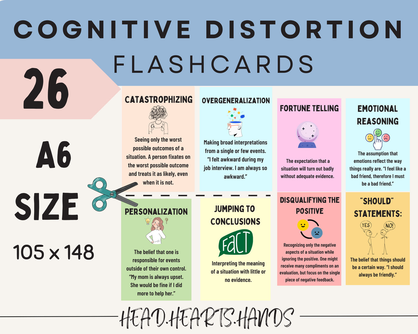 Enjoy 26 cognitive distortion flashcards in the EMDR therapy bundle