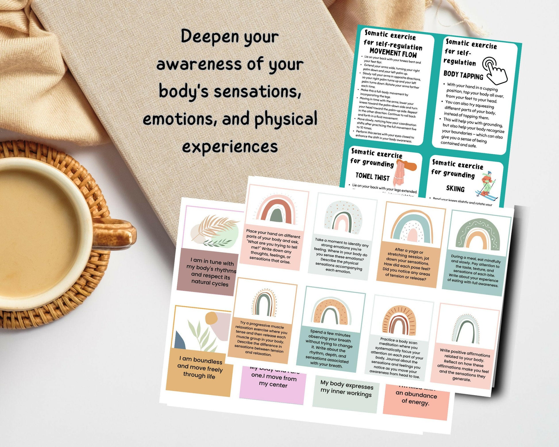 Somatic Therapy Affirmations - Mindful affirmations flashcards designed to enhance self-awareness and promote body connection.