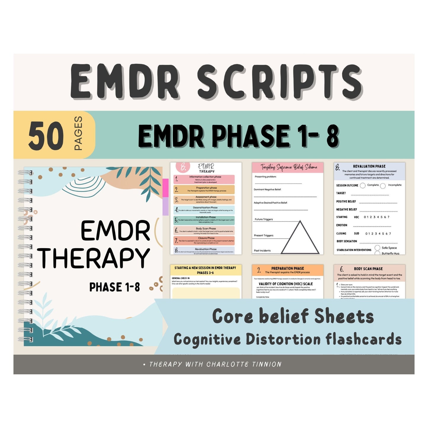 EMDR therapy bundle with over 50 pages, showcasing EMDR phase 1 - 8 