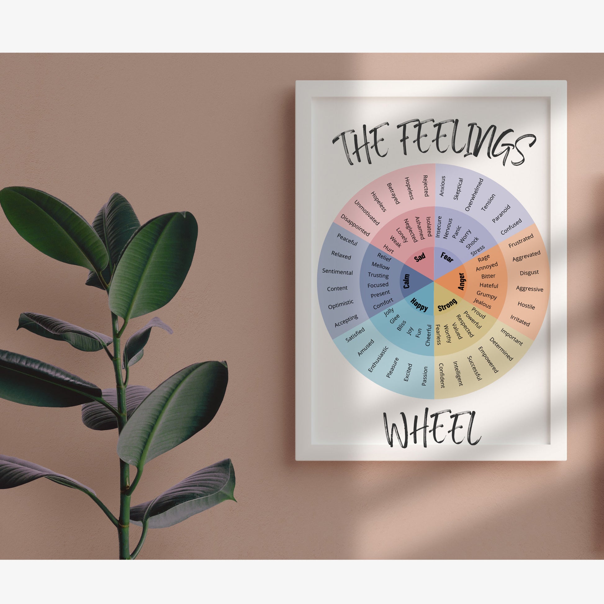 Printed Feelings Wheel poster placed on a desk, ideal for supporting emotional regulation and self-awareness in therapy