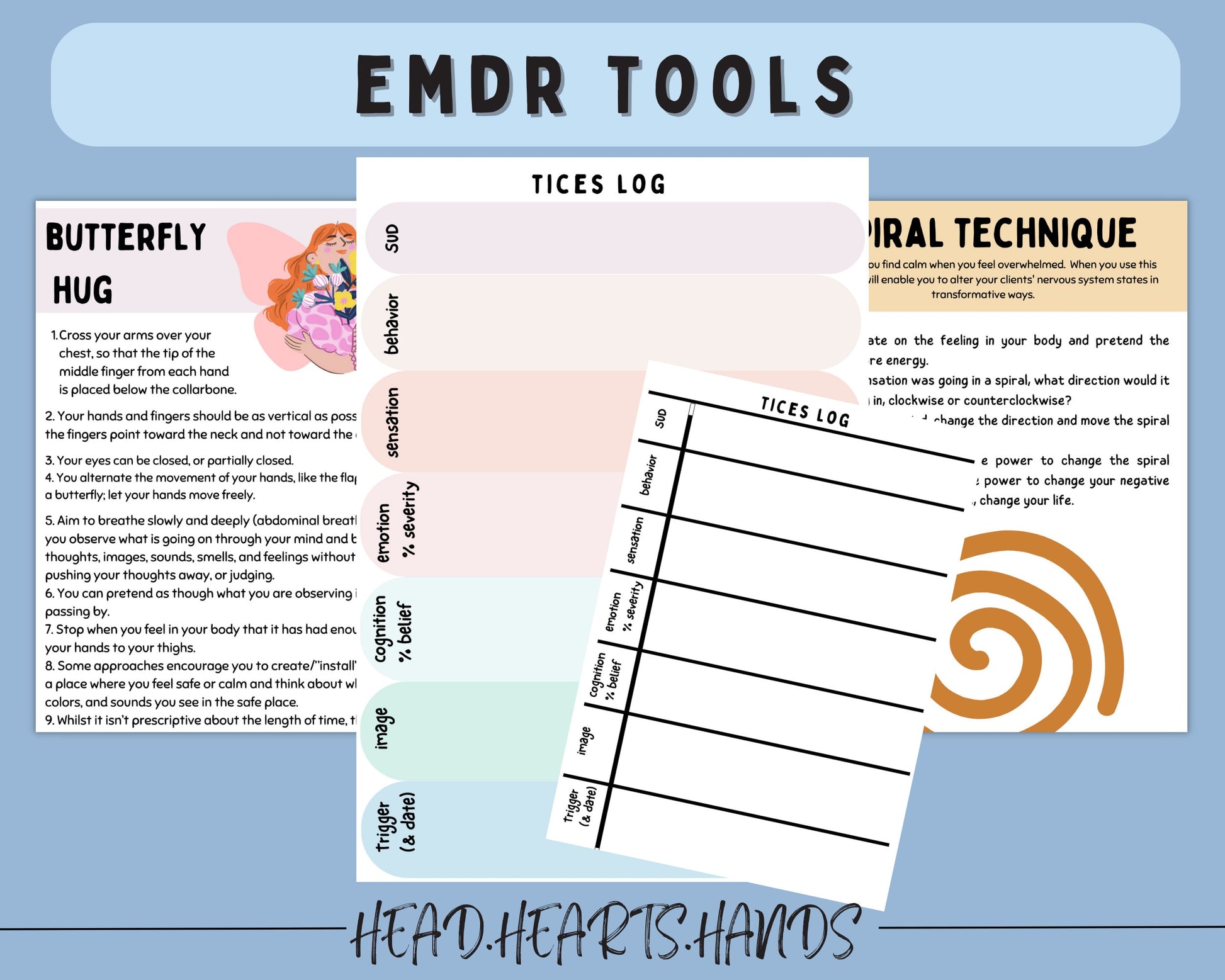 The EMDR Therapy kit also includes tools and workbooks such as the Butterfly hug