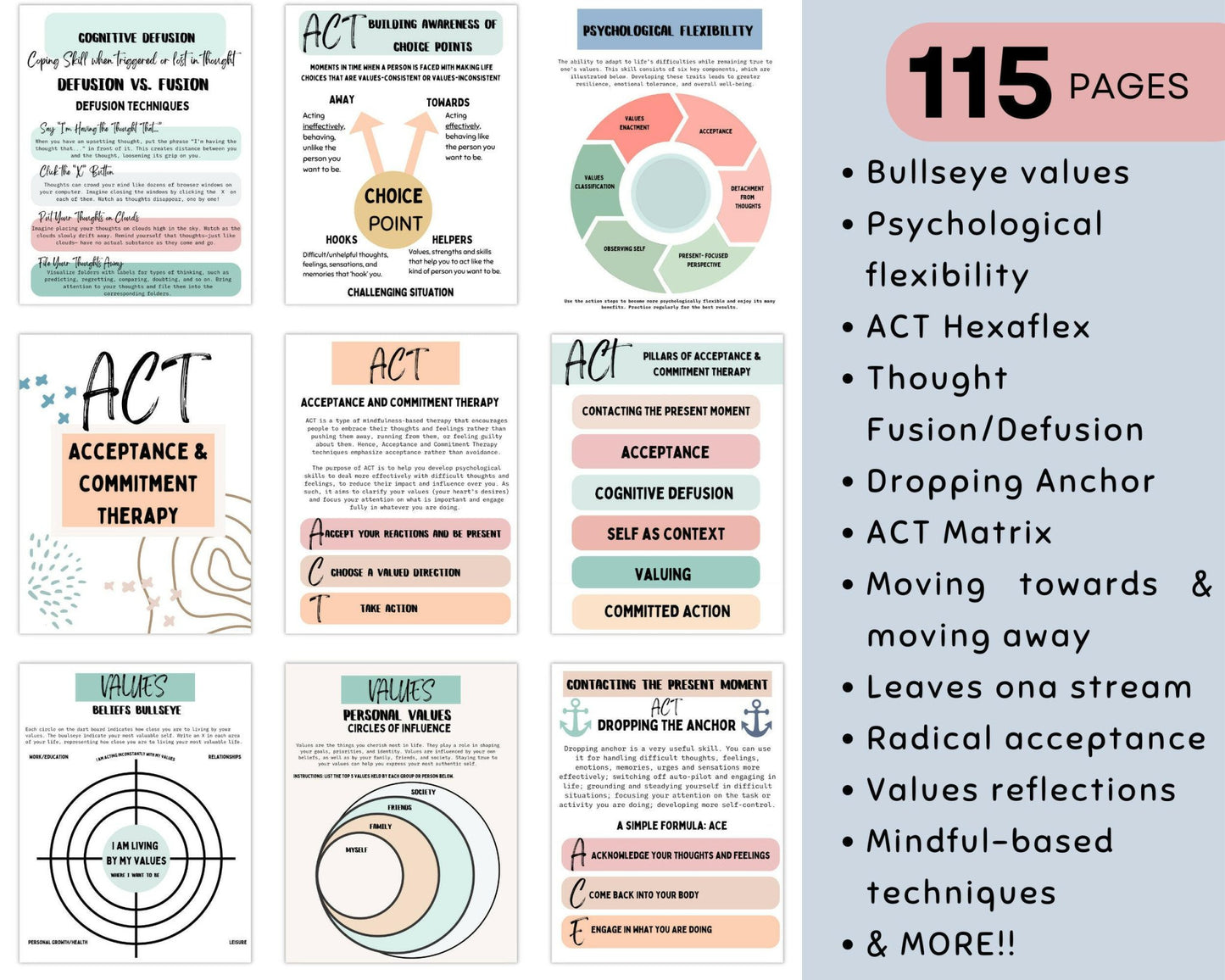 ACT therapy bundles contain over 115 pages including Hexaflex and more