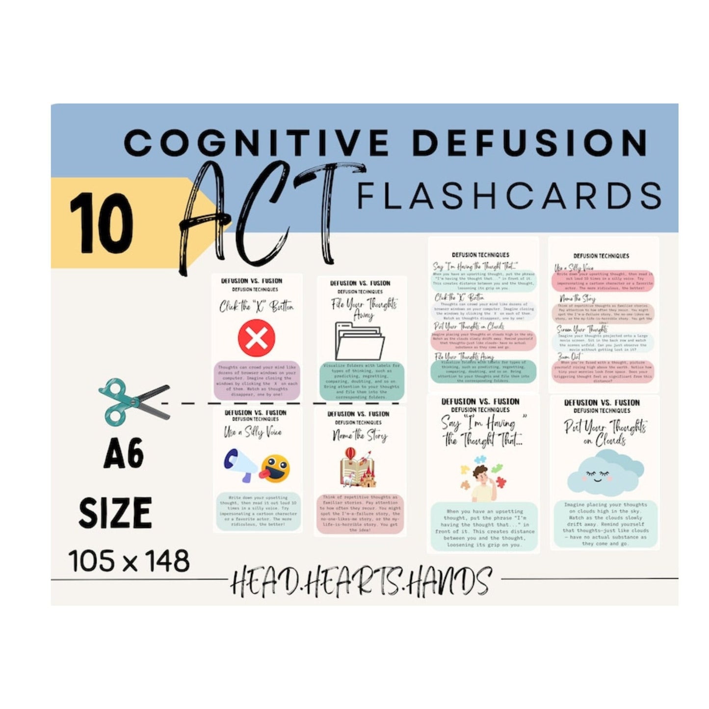 Set of ten cognitive defusion flashcards from TherapyWithCT, each featuring engaging designs and techniques for promoting objective reflection and mindfulness, arranged on an A4 page.