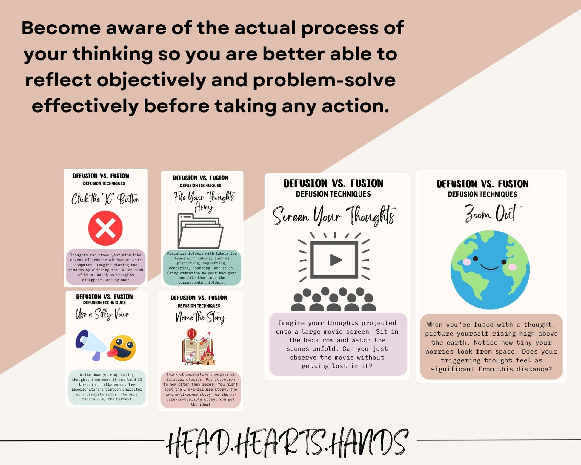 Preview of a vibrant, digital PDF showing four cognitive defusion flashcards from TherapyWithCT, designed to aid in observing and releasing thoughts to enhance clarity and composure.