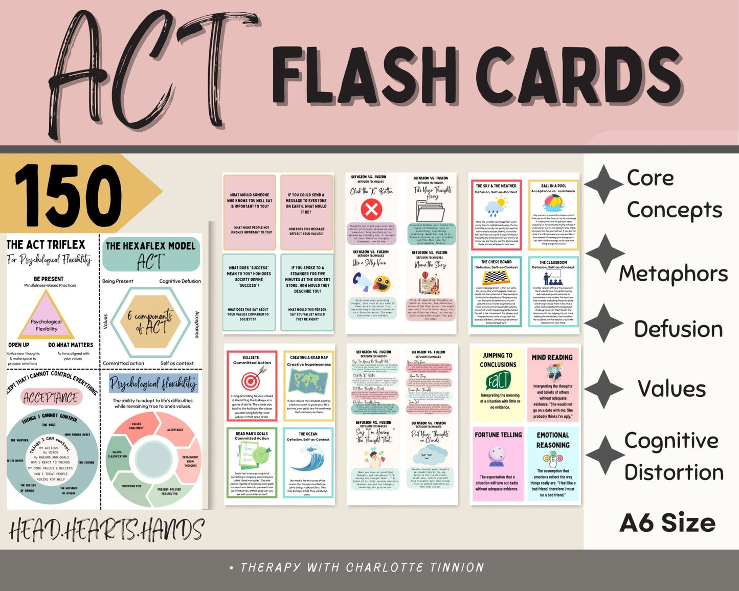 Close-up view of a set of ACT defusion technique flashcards, each detailing steps to mentally detach from overwhelming thoughts, enhancing clarity and emotional management.