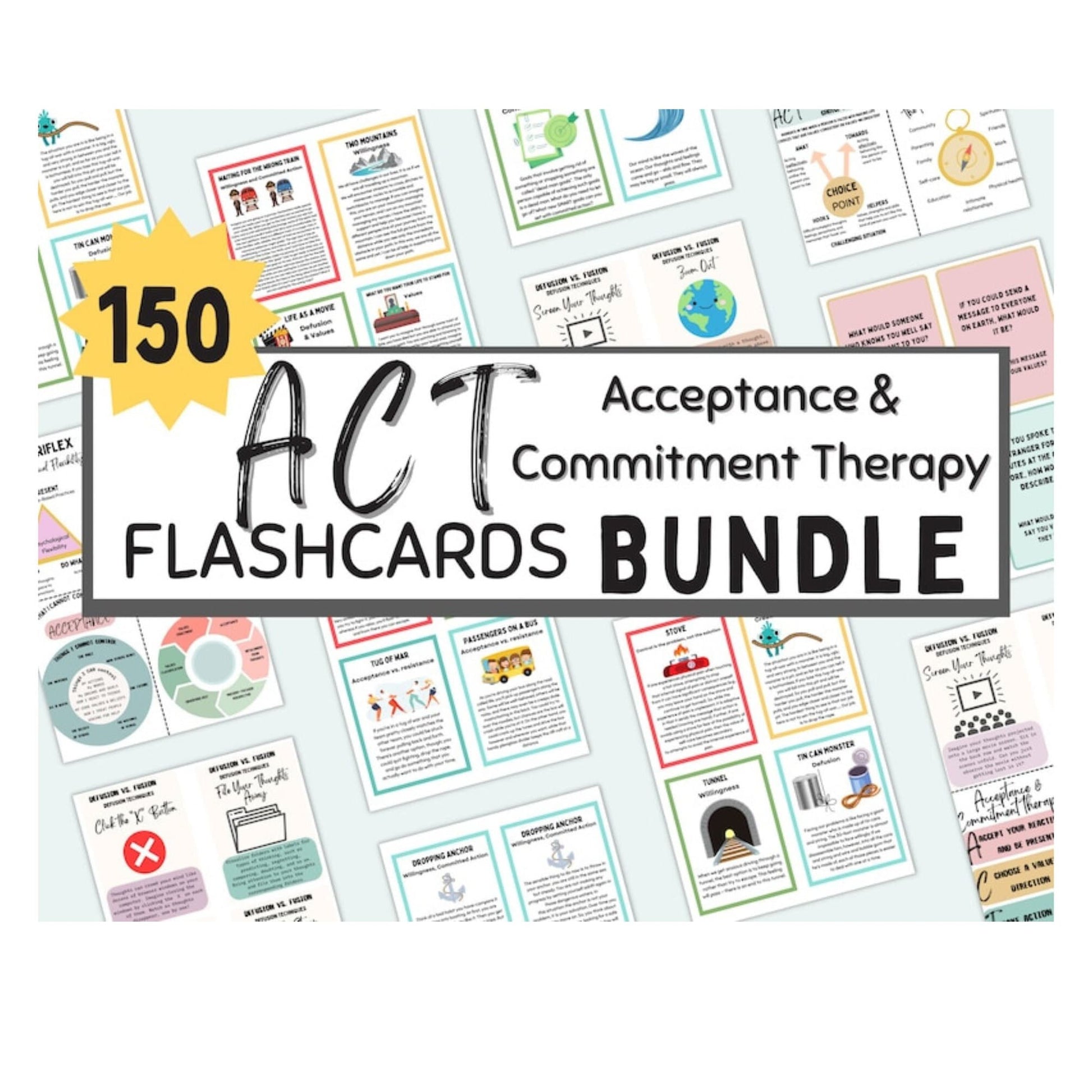 Comprehensive set of ACT flashcards displayed, showcasing techniques for defusion and core values alignment, essential for fostering emotional resilience and personal growth.