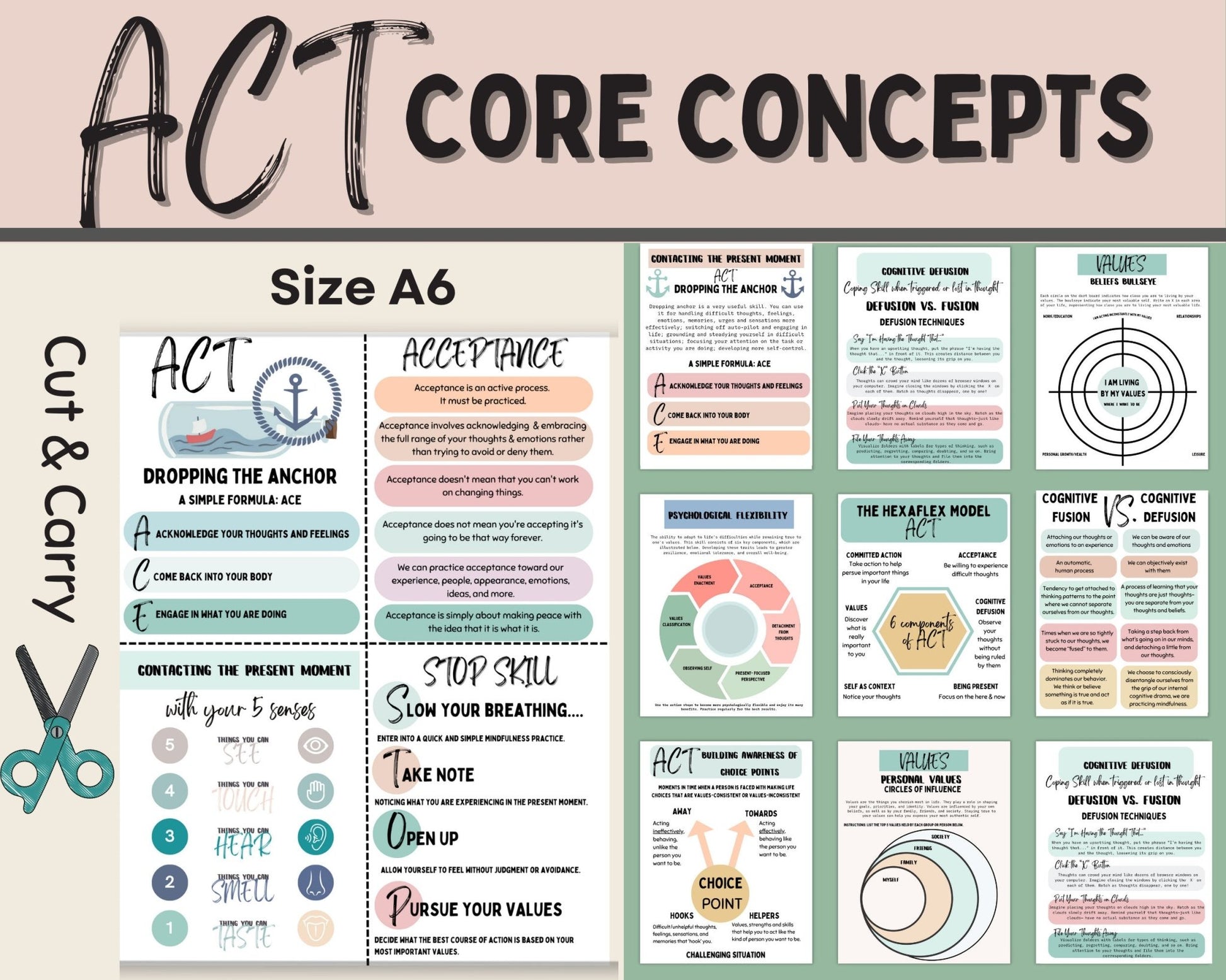 Colorful ACT flashcards spread out, each card aimed at exploring and reinforcing core values and decision-making processes through visual and text prompts.