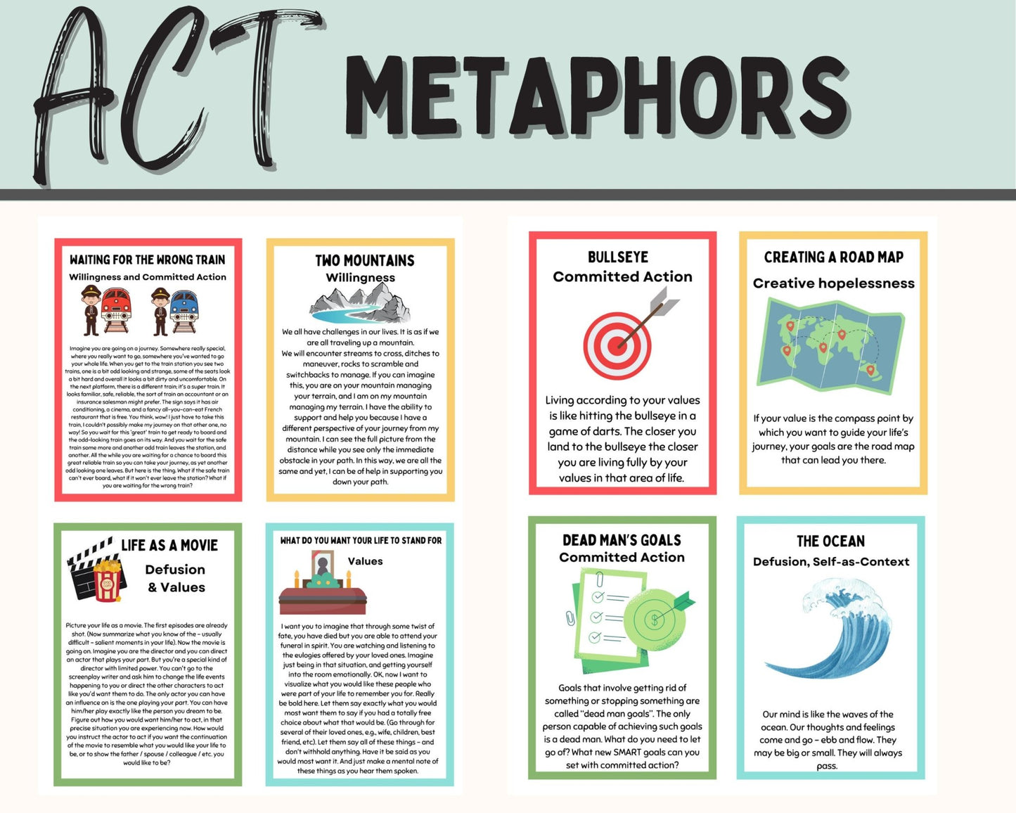 Pack of ACT values conversation cards, designed to facilitate deep personal insights and discussions around life’s priorities and impacts on mental wellness.