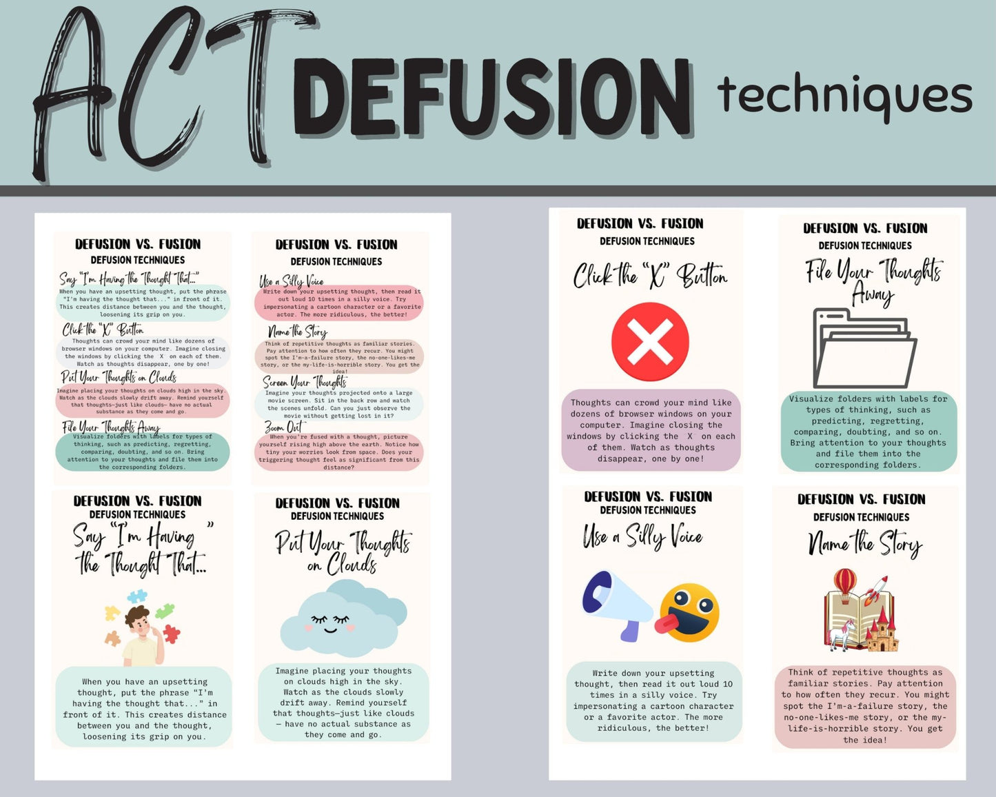 Diverse array of 84 ACT metaphor flashcards, suitable for all ages, visually designed to simplify complex ACT concepts such as acceptance and psychological flexibility.