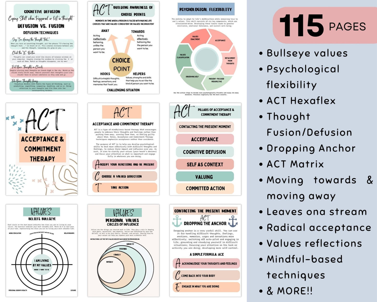 ACT therapy worksheets bundle with 115 worksheets covering core principles