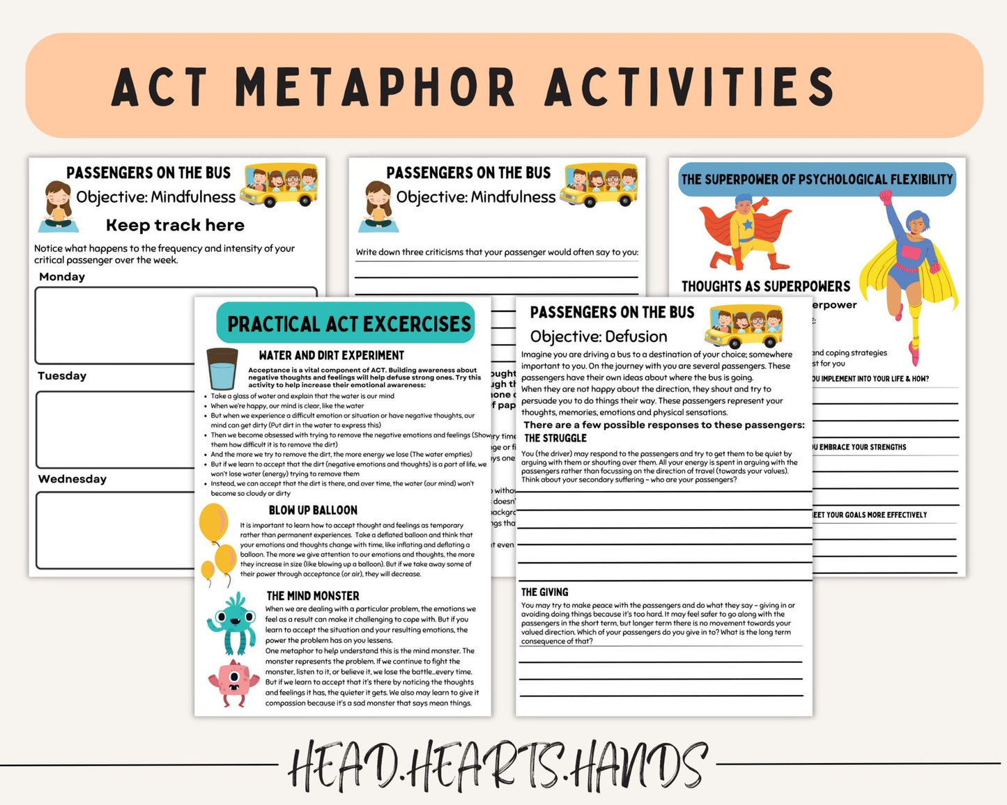 Mindfulness-based activities from the ACT workbook, aimed at helping children react calmly to anxiety-provoking situations.