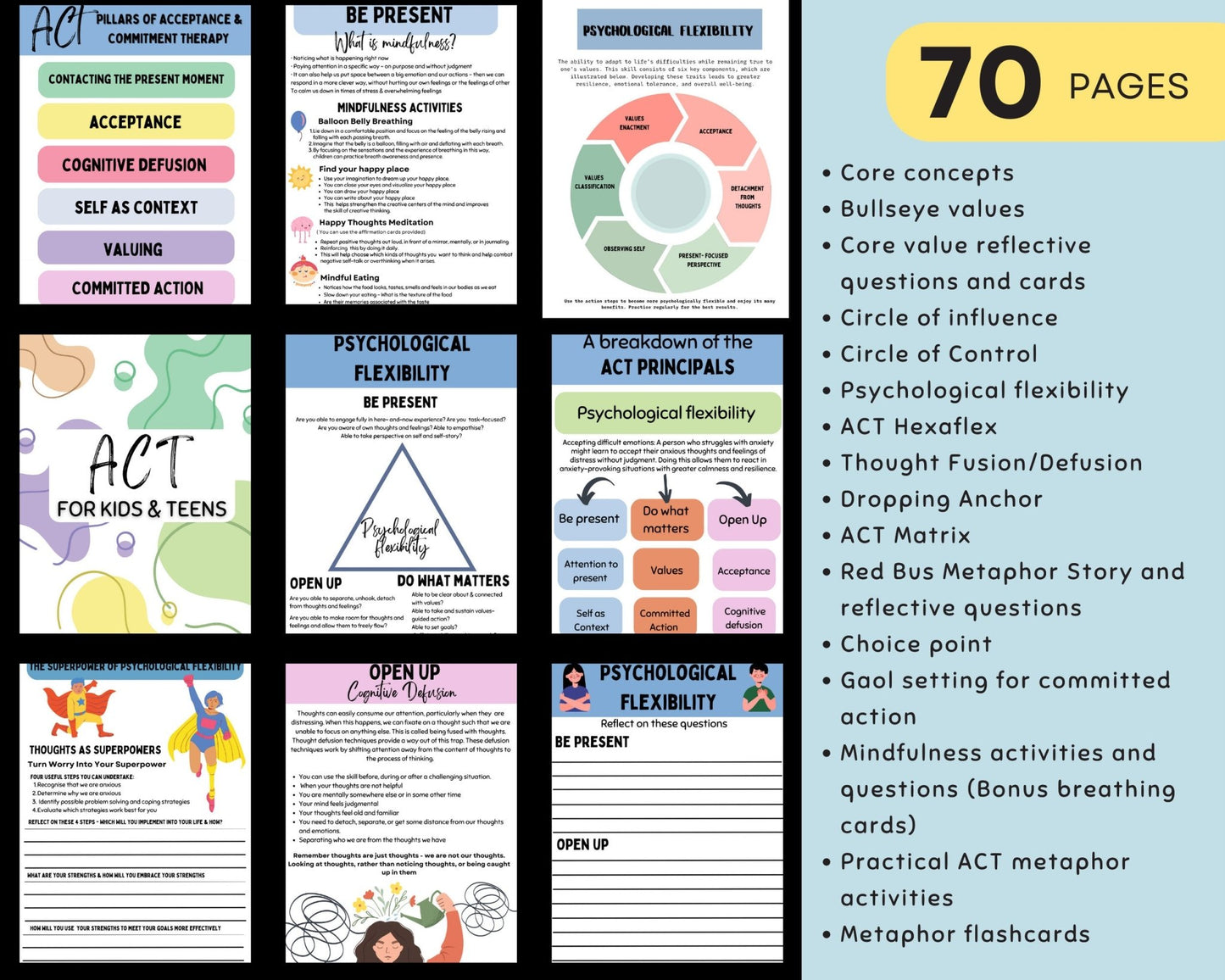 Colorful ACT therapy worksheets designed for teens, helping manage anxiety and depressive moods.