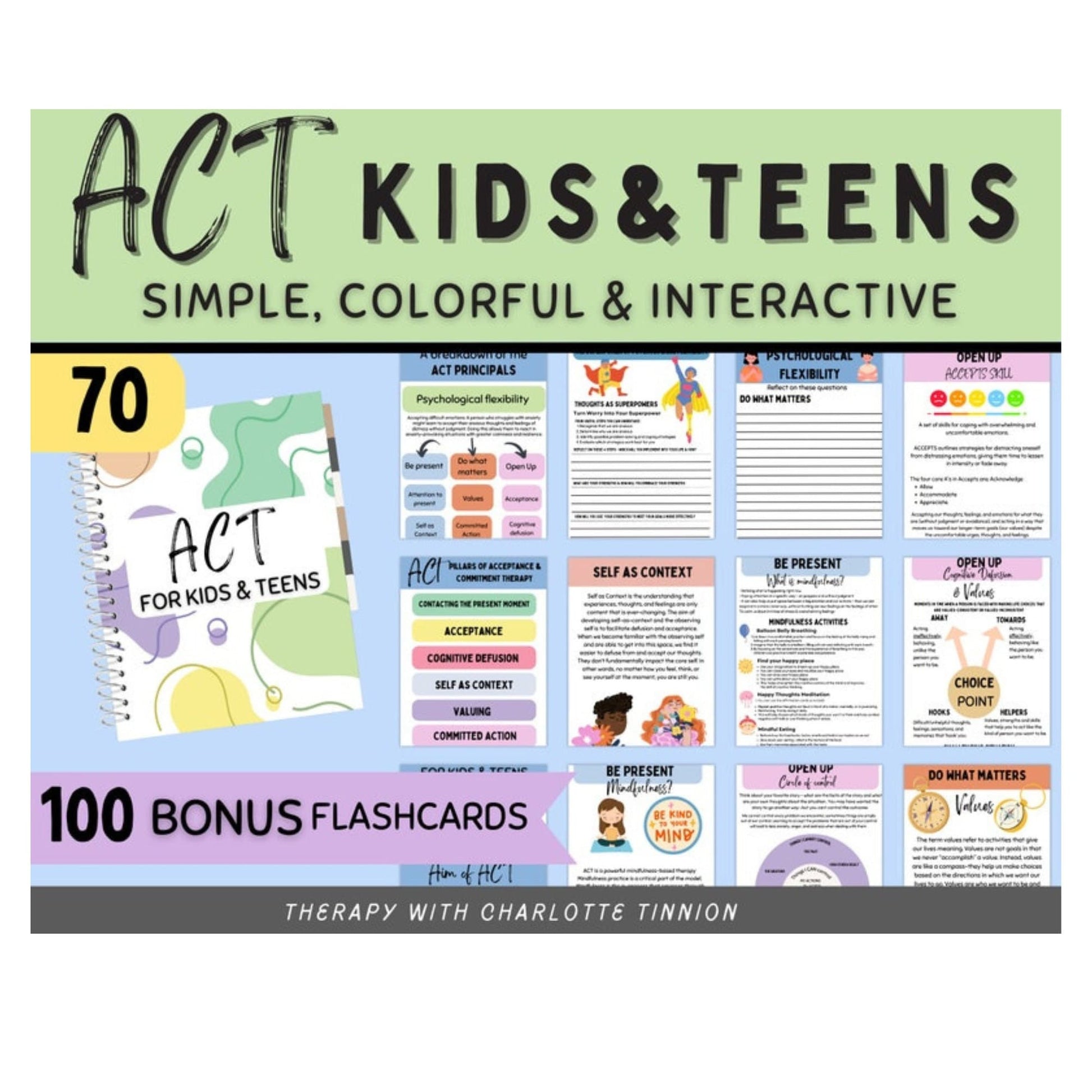 Cover of the 70-page ACT Therapy Workbook for kids and teens, featuring core concepts of ACT therapy with engaging visuals.