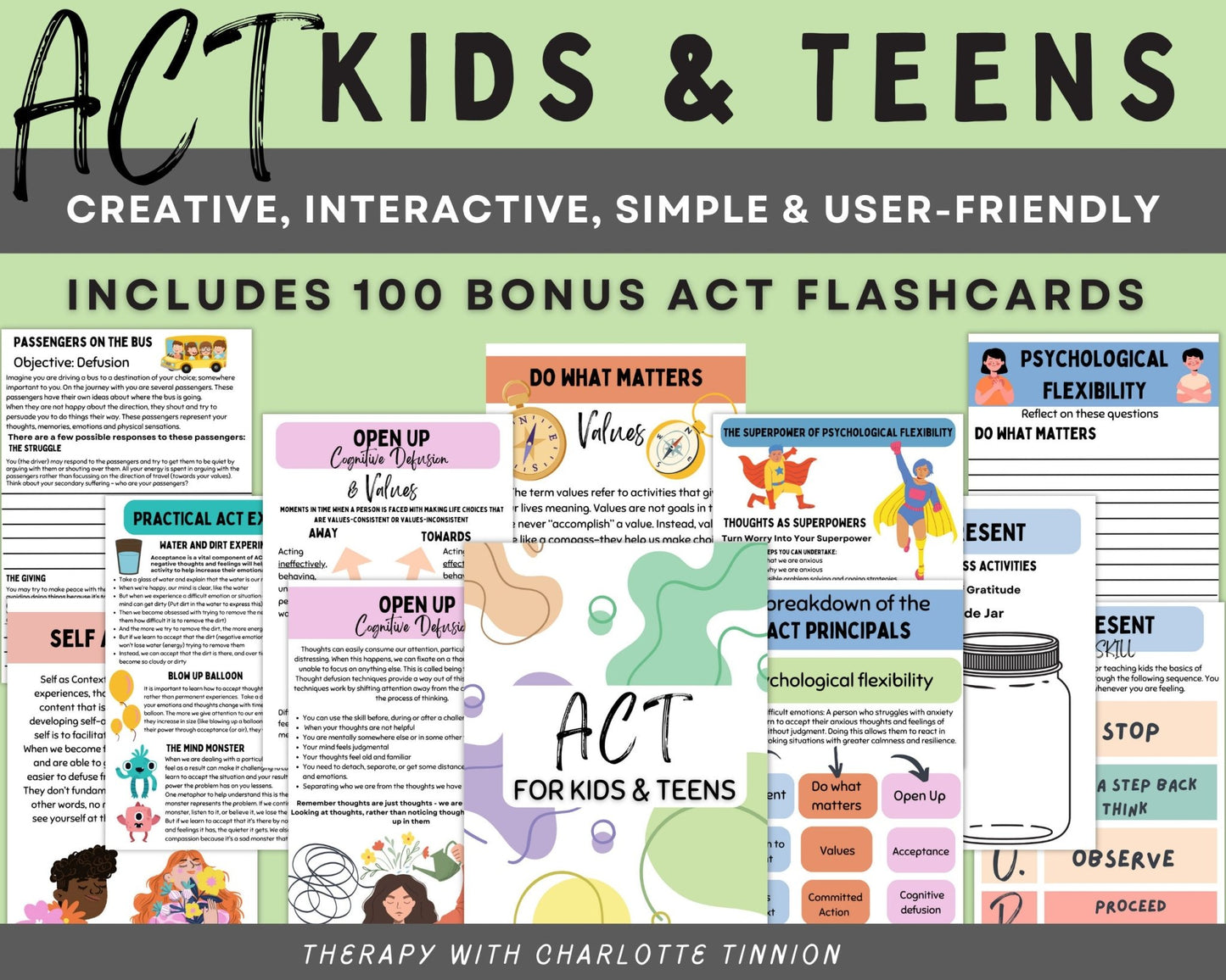 n overview of the comprehensive ACT therapy resources included in the workbook, emphasizing the benefits for children and teens in managing difficult emotions and increasing psychological flexibility.