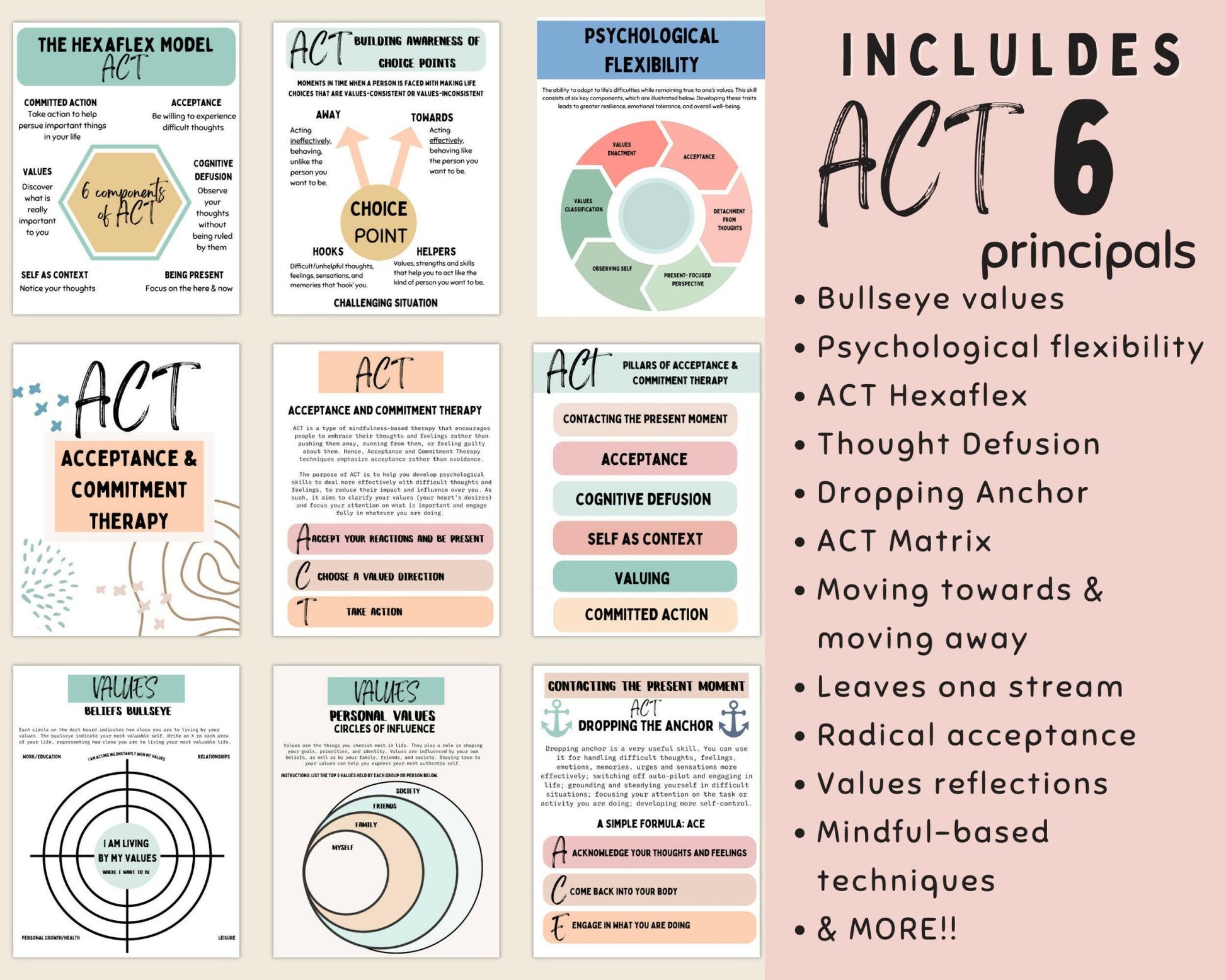 The Act worksheets include the 6 Act principals such as Hexaflex and more