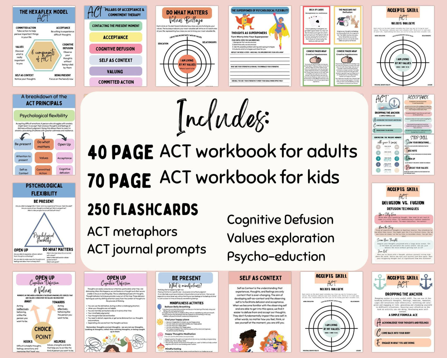 Our Act therapy worksheets includes 250 flashcards