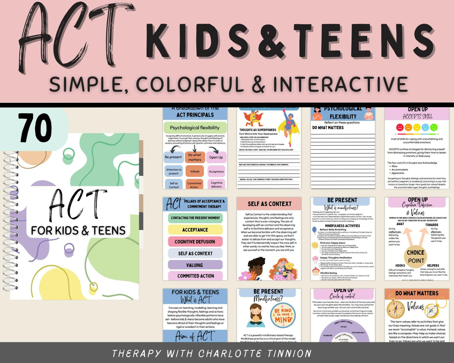 Simple and colorful Act therapy worksheets for kids and teens