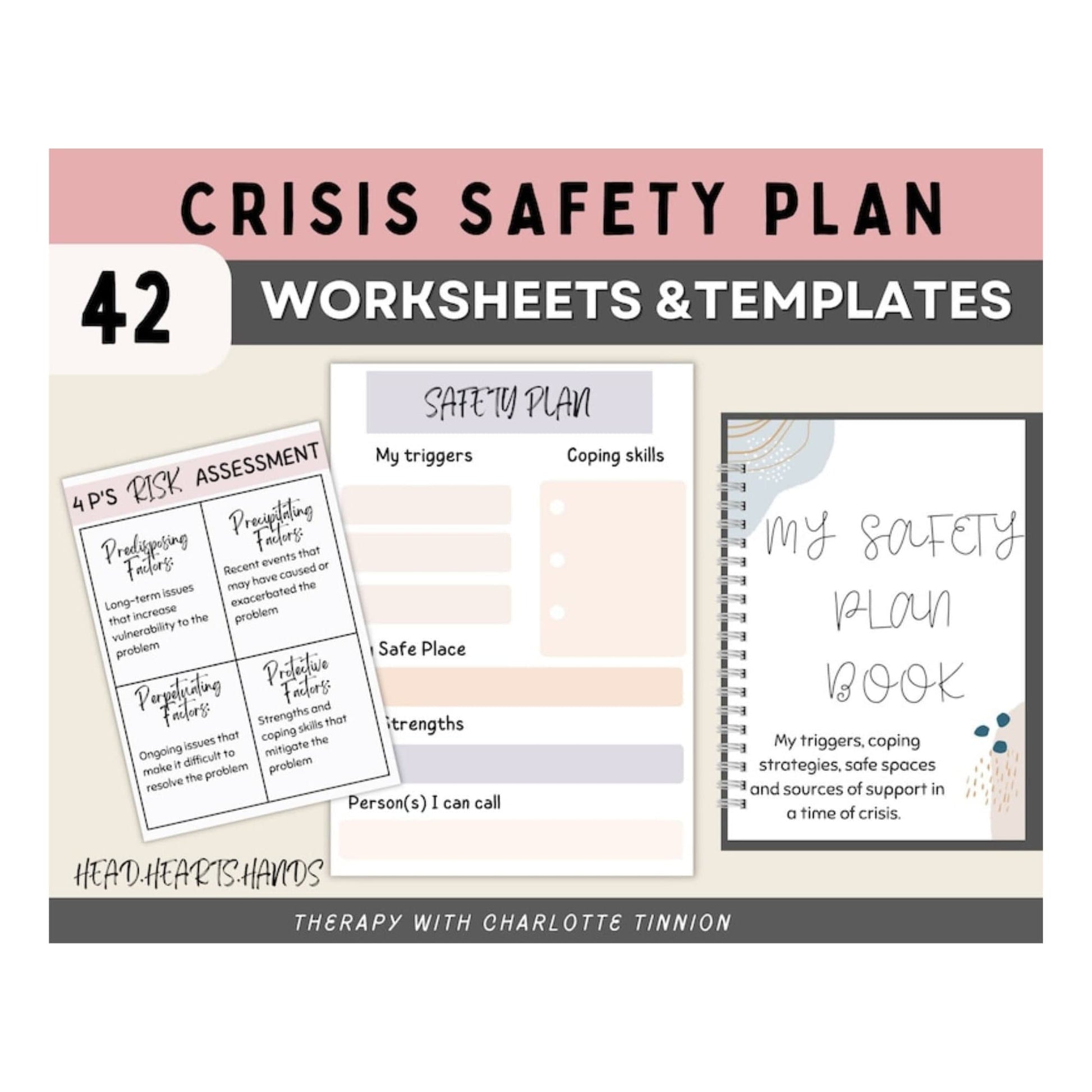 Visual of the cover page of the Crisis Safety Plan Toolkit by TherapyWithCT, featuring a calming blue design and the toolkit titl