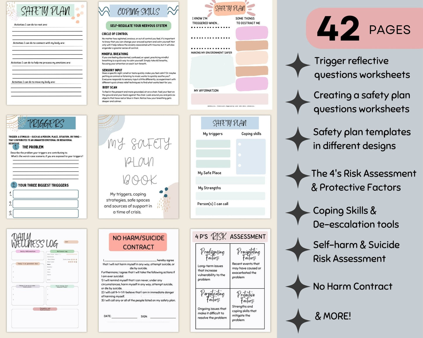 Close-up photo of a safety plan template page from the Crisis Safety Plan Toolkit, focusing on strategies for self-regulation during a crisis