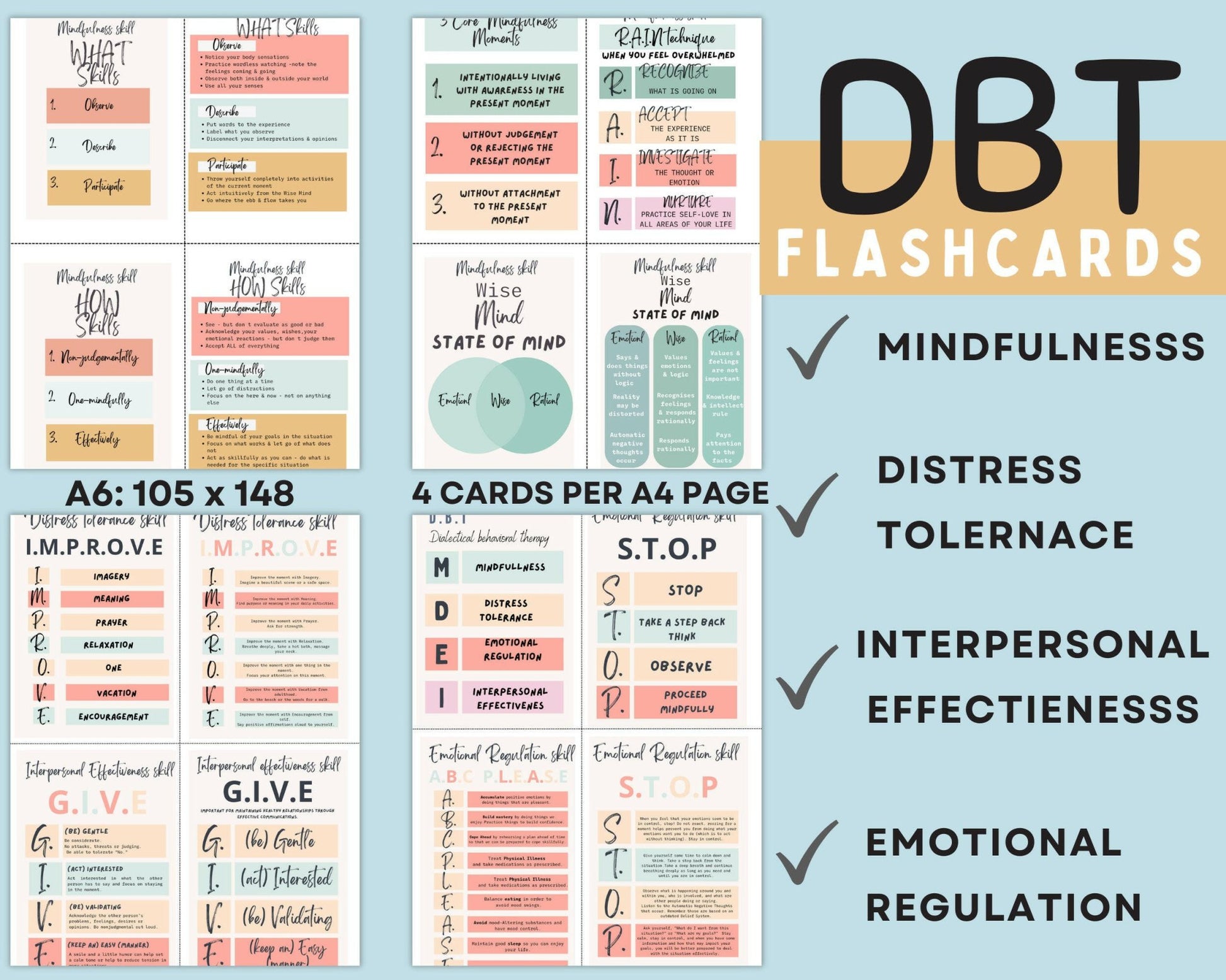 Detailed overview of our DBT flashcard bundle which includes mindfulness.