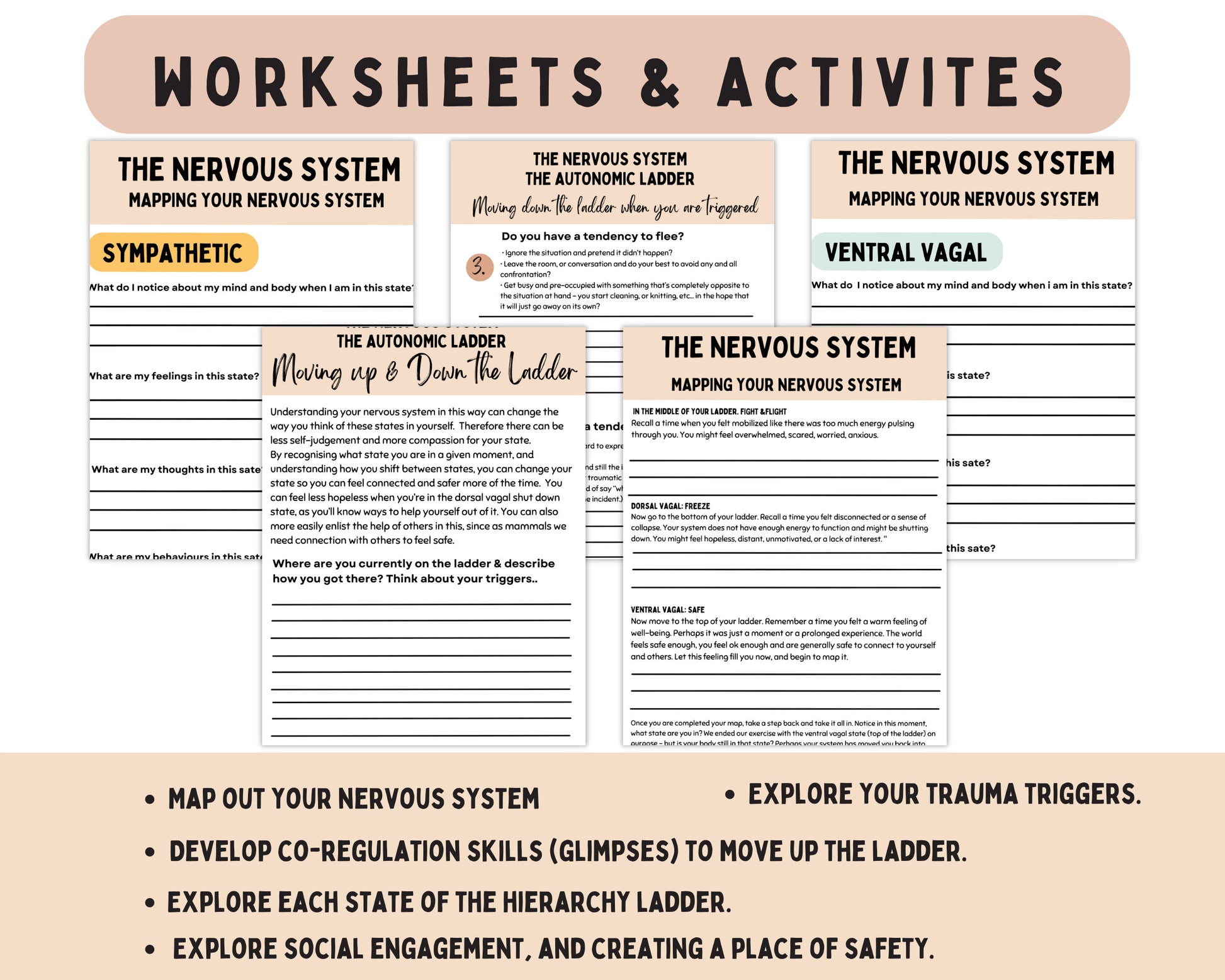 A printable page from the Polyvagal Theory Workbook, guiding users through self-reflection and healing exercises.