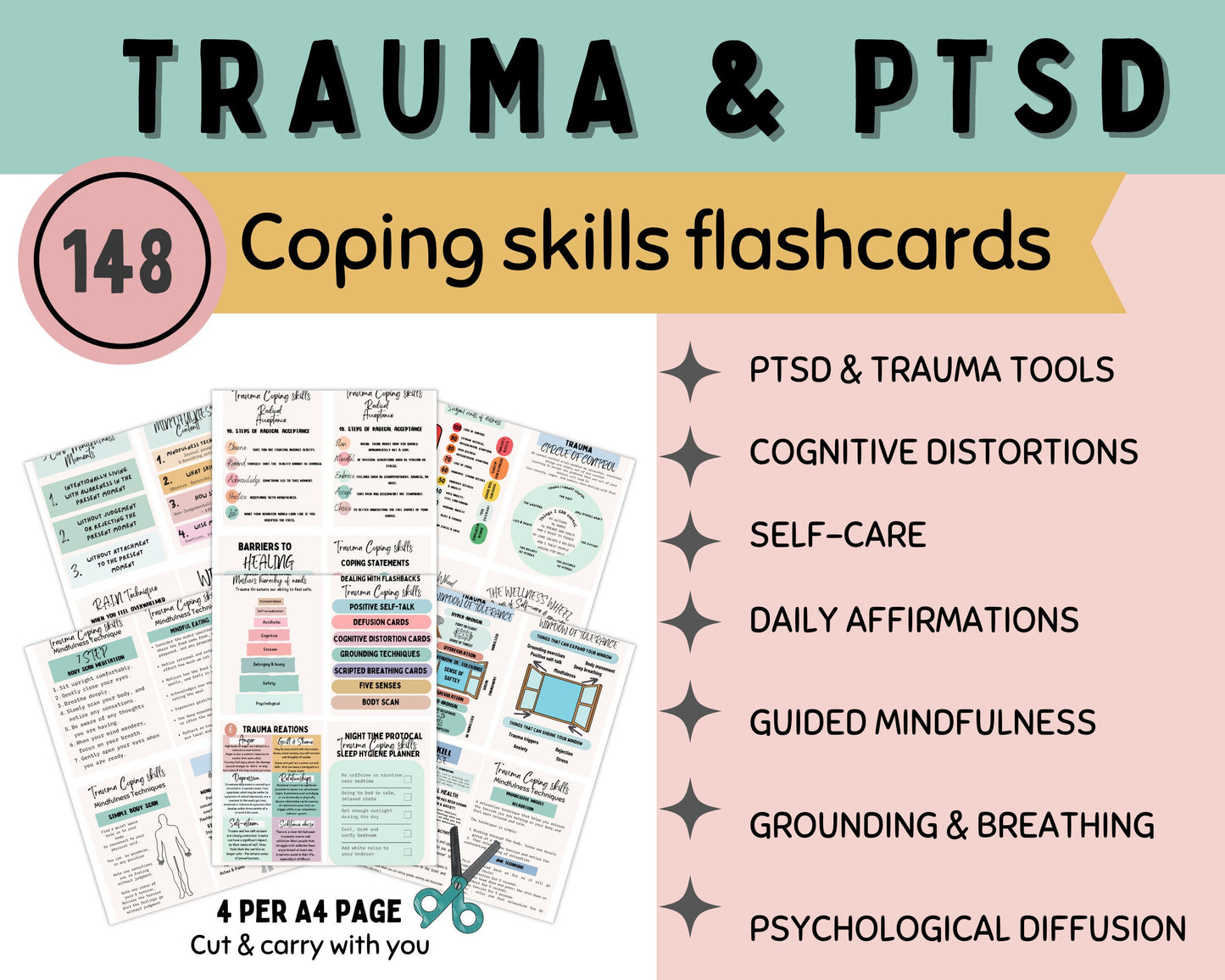 Trauma Therapy & Coping Cards: Anxiety Relief & Mindfulness.