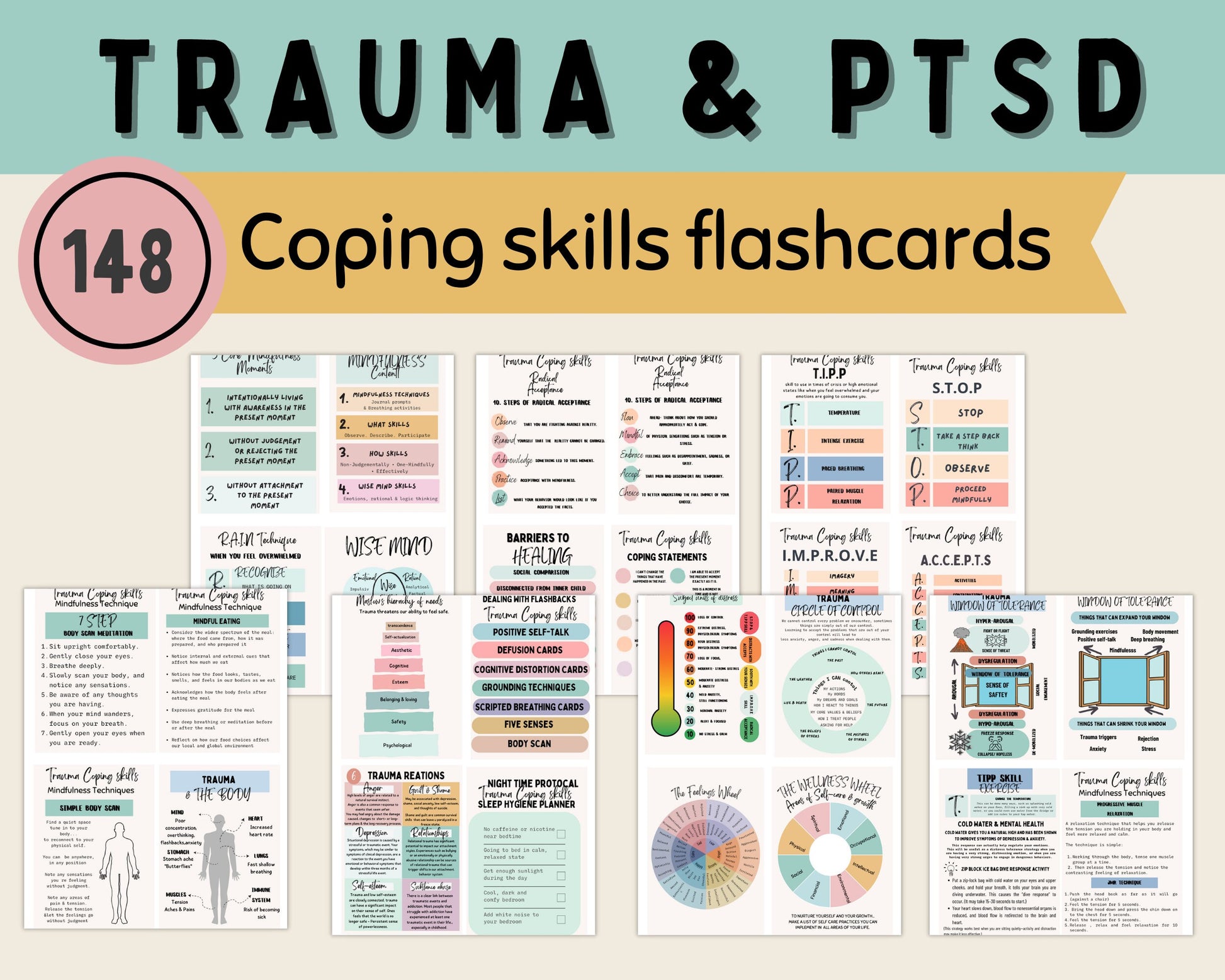 Trauma Therapy & Coping Cards: Anxiety Relief & Mindfulness.