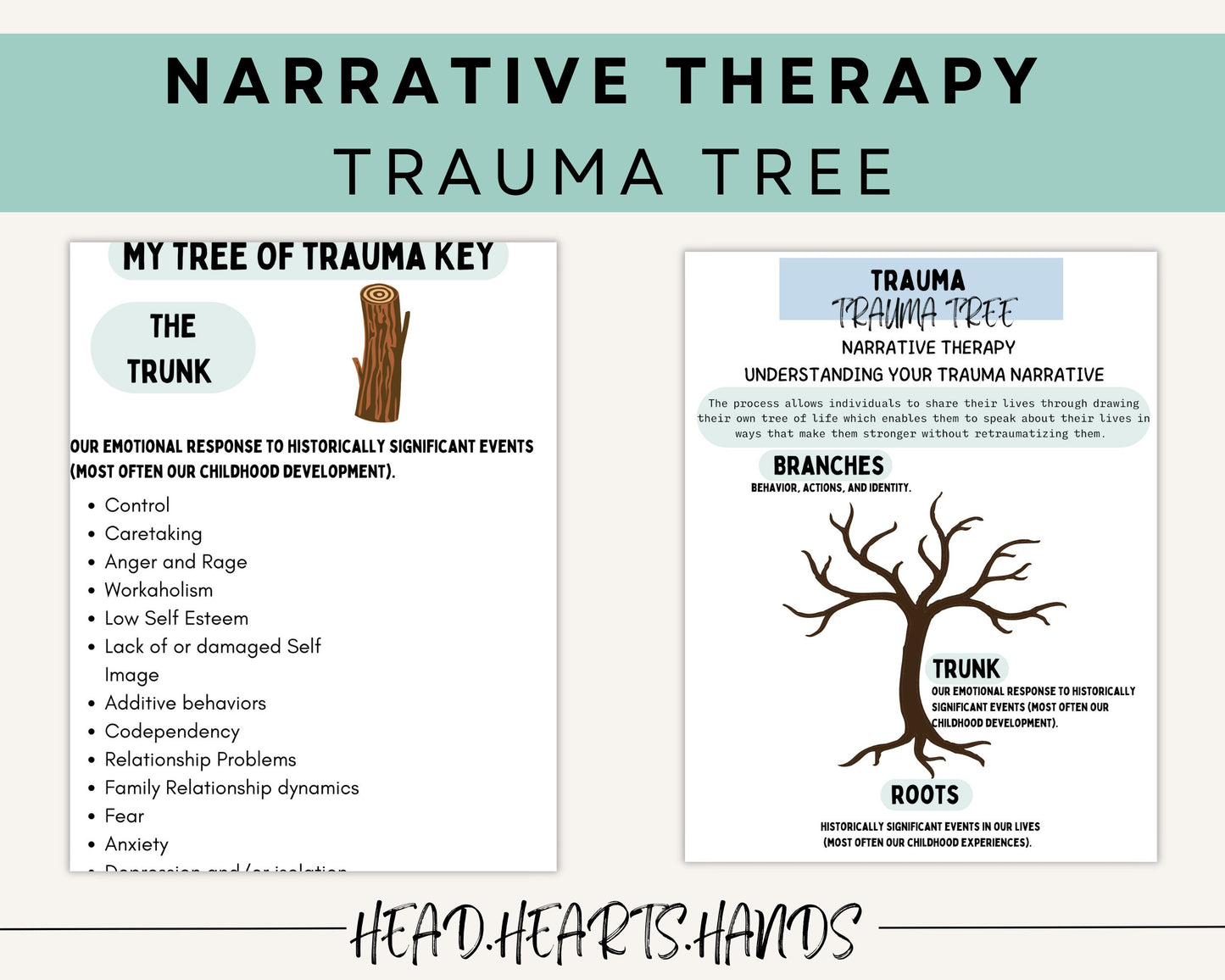 Snapshot of PTSD therapy worksheets included in the Narrative Therapy Toolkit, focusing on trauma response and emotional regulation strategies.