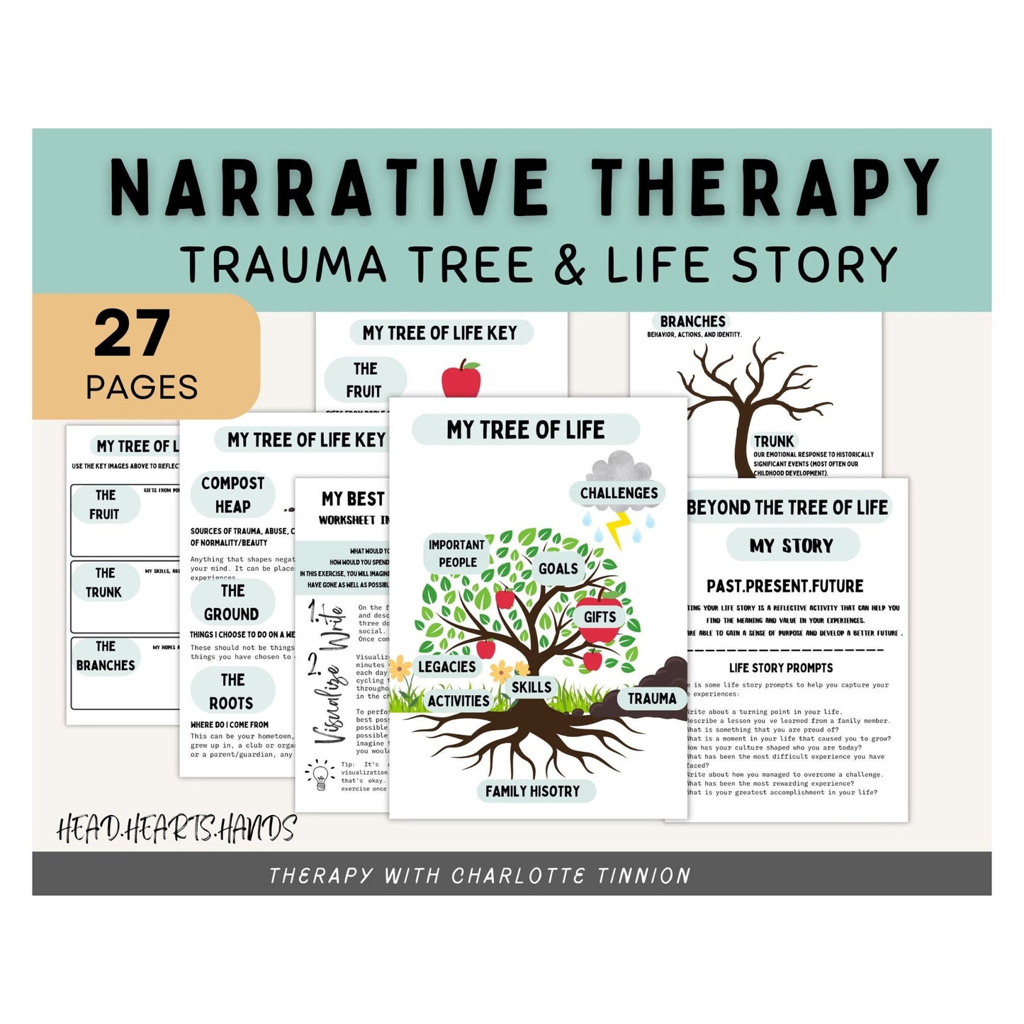 Cover image of a Narrative Therapy workbook for adults, featuring sections on Life Story, Trauma Tree, and techniques for managing PTSD and anxiety which include 27 pages.