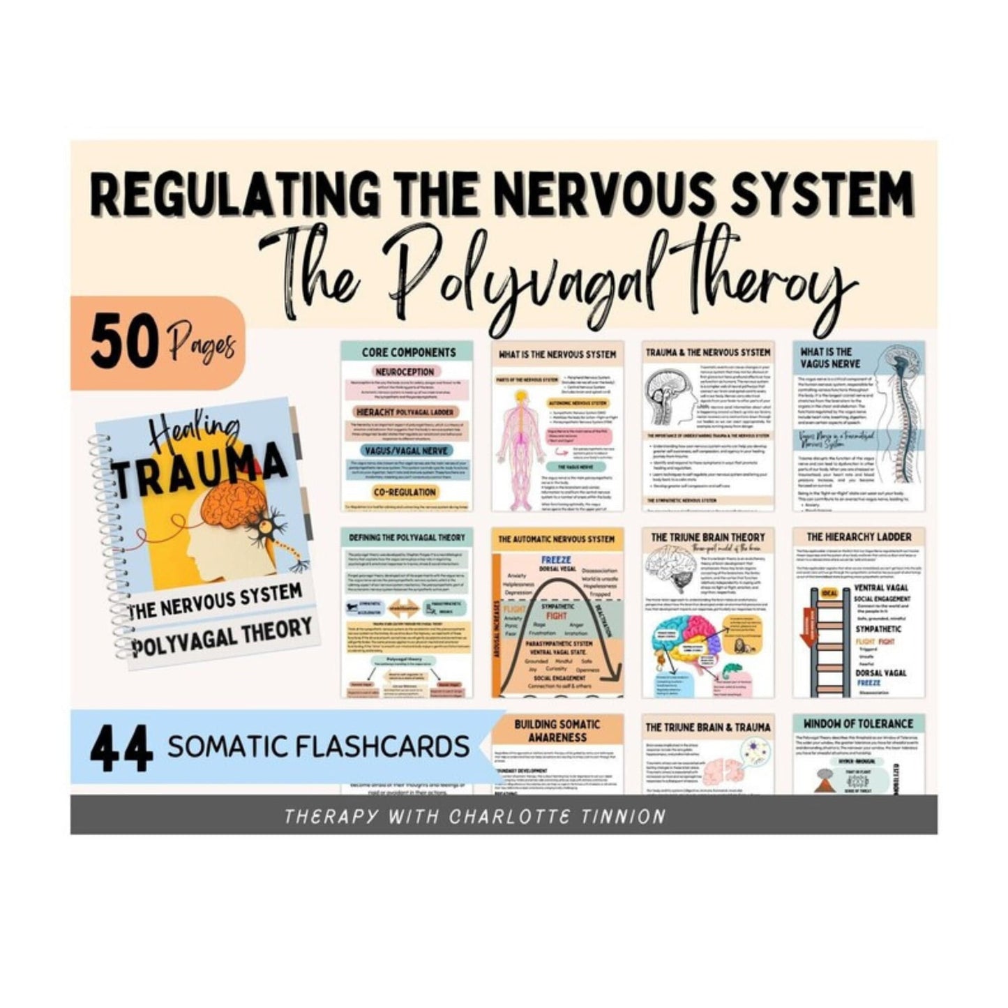 A 50-page Polyvagal Theory Workbook featuring worksheets and psychoeducation for nervous system regulation and trauma healing.